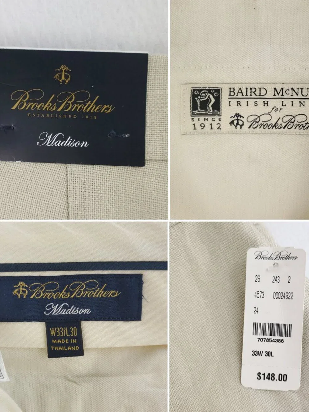 Brooks Brothers Madison Linen Pants Baird McNutt Irish Trousers Men's 33x30 NWT